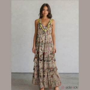 JAK Floral Tiered Ruffle Maxi Boho Sundress (Lg)